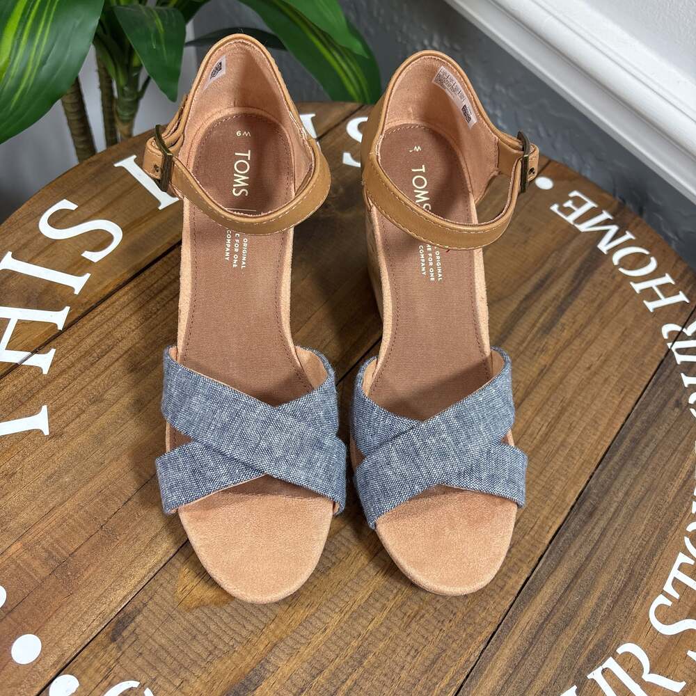TOMS Women's Sienna Wedge Sandals Chambray Denim Cork Heels W9